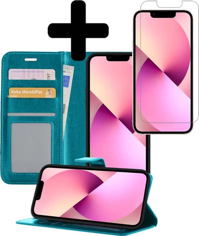 Hoesje - Met Screenprotector - Geschikt voor Apple iPhone 13 Mini - Luxe Pasjeshouder - Bookcase Portemonee - Flip Case - Kunstleer Book Case - Flipcase - Book Cover - Walletcase - Portemonneehoes - Telefoonhoesjes - Turquoise