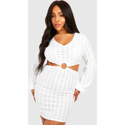 boohoo Dames Plus Jersey Gebreide O-Ring Strandjurk | Wit | Maat: 52