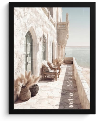 Poster in lijst - Fotolijst 30x40 cm - Posters - Terras - Stoelen - Strand - Beige - Posterlijst zwart - Decoratie - Wanddecoratie woonkamer - Muurdecoratie slaapkamer