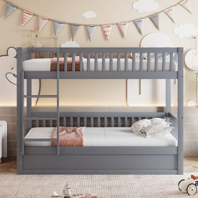 Wishdor Luxe Stapelbed 90x200 cm - Hydraulische Lift met Gigantische Opbergruimte - Massief Hout - Grijs (Vanaf 6 Jaar)