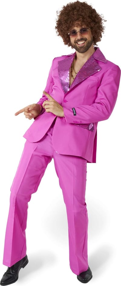 Suitmeister Disco Kostuum - Heren Pak - Carnavalskleding - Saturday Night Fever Kostuum - Inclusief Jasje en Flare Pants - Roze - Maat: S