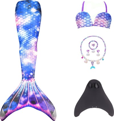 Joya Kids® Lunar Zeemeerminstaart voor Kinderen | Roze Blauw Mermaid Staart met Monovin | Verkleedkleding meisje | Inclusief Zeemeermin Ketting, oorbellen, ring en Armband | Inclusief bikini top | Maat S