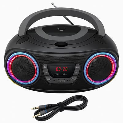 Denver Draagbare Bluetooth Radio CD Speler - Kinderen & Volwassenen & Ouderen - Lichteffecten - Boombox - AUX - FM - Noodradio- Werkt ook op Batterijen - Keuken -Zwart