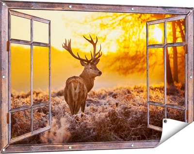 Gards Tuinposter Doorkijk Hert in Bos tijdens de Zonsopkomst - 120x80 cm - Tuindoek - Tuindecoratie - Wanddecoratie buiten - Tuinschilderij