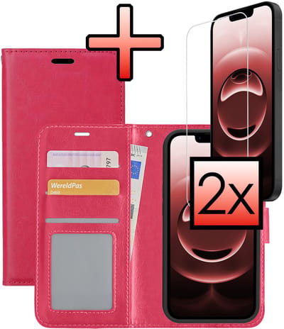 Hoesje - Met 2x Screenprotector - Geschikt voor Apple iPhone 16e / 17e - Luxe Pasjeshouder - Bookcase Portemonee - Flip Case - Kunstleer Book Case - Flipcase Hoes - Book Cover - Walletcase - Portemonneehoes - Donkerroze