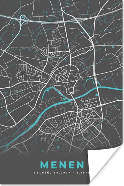 Poster België – Menen – Stadskaart – Kaart – Blauw – Plattegrond - 120x180 cm XXL