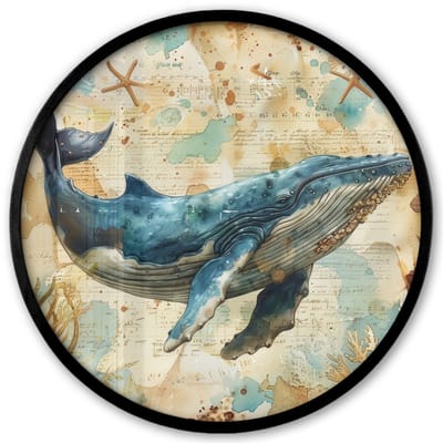 Poster in lijst Rond - Fotolijst 40x40 cm - Posters - Vintage - Walvis - Watercolor - Blauw - Zeedieren - Ronde posterlijst zwart - Decoratie - Wanddecoratie woonkamer - Muurdecoratie slaapkamer