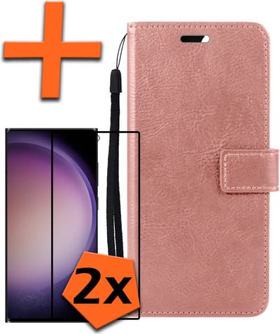 Hoes - Met 2x Screenprotector - Geschikt voor Samsung Galaxy S23 Ultra - Luxe Pasjeshouder - Bookcase Portemonee - Flip Case - Kunstleer Book Case - Flipcase Hoes - Book Cover - Walletcase - PortemonneeHoes - Rosé goud