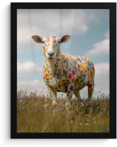 Poster in lijst - Fotolijst 30x40 cm - Posters - Schaap - Bloemen - Weide - Posterlijst zwart - Decoratie - Wanddecoratie woonkamer - Muurdecoratie slaapkamer