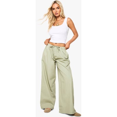 boohoo Dames Katoenen popeline broek met wijde pijpen | Sage | Maat: 6