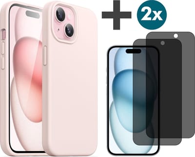 Hoesje met Privacy Screenprotectors 2 Stuks Geschikt voor iPhone 15 Plus Hoesje Siliconen - liquid case - Arara Backcover - Zand
