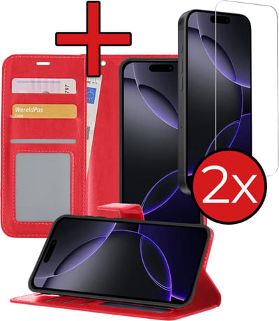 Hoesje - Met 2x Screenprotector - Geschikt voor Apple iPhone 16 Pro - Luxe Pasjeshouder - Flip Case - Bookcase Portemonee - Kunstleer Book Case - Flipcase Hoes - Book Cover - Walletcase - Portemonneehoes - Telefoonhoes - Rood
