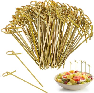 Natuurlijke Bamboe Houten Spiesen met Decoratieve Knoopjes, 12 cm voor Fingerfood, Cocktails en Barbecues, Perfect voor Feesten en Catering