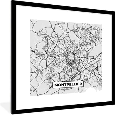 Fotolijst incl. Poster - Kaart - Stadskaart - Frankrijk - Montpellier - Plattegrond - 40x40 cm - Posterlijst