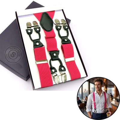 Sorprese - Luxe Chique Bretels - Cerise Pink - Zwart Leer - 6 Stevige Clips - Bretels Heren Volwassenen - Inclusief Cadeaudoos