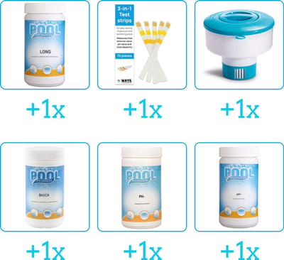 Zwembad Onderhoudspakket - Onderhoud Zwembad - bevat Chloor - Testrips - Chloordrijver - Chloor - PH-min en PH-plus (6-delig)