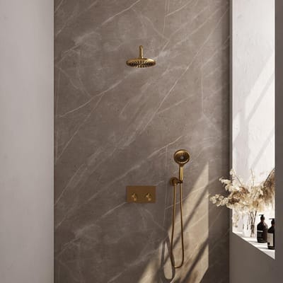Brauer Gold Edition Thermostatische Regendoucheset Inbouw - Hoofddouche 20 cm - Gebogen Wandarm - Met Drukknoppen - Handdouche 3 Standen - Doucheslang - Wandaansluitbocht - Geborsteld Goud