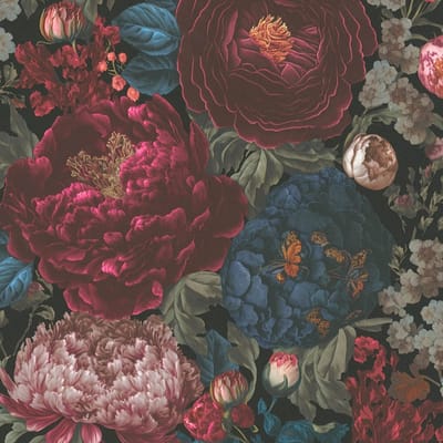Bloemen behang Profhome 399791-GU vliesbehang hardvinyl warmdruk in reliëf glad met bloemmotief mat zwart blauw wijnrood olijfgroen 5,33 m2