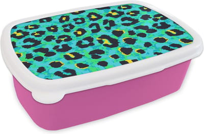 Broodtrommel Roze - Lunchbox - Brooddoos - Panterprint - Neon - Dieren - Design - 18x12x6 cm - Kinderen - Meisje