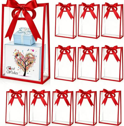 12 Pack Cadeauzakjes – Transparante plastic cadeauzakjes met hengsels – Herbruikbaar PP-materiaal – Inclusief linten – Geschikt voor bruiloften, verjaardagsfeestjes, babyshowers, cadeaus en zakelijke evenementen - 18 x 8 x 26 cm – Rood