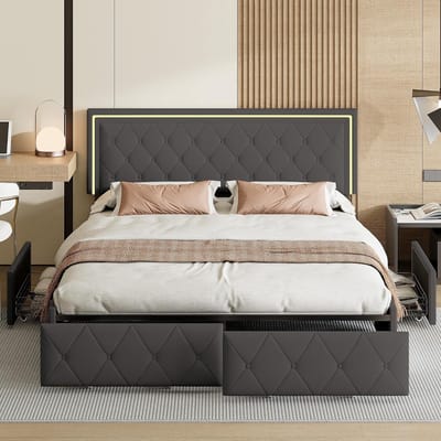Gestoffeerd Bed - Luxe Slaapbank - Comfortabel Slapen - Geïntegreerde LED Verlichting - 140x200 cm - Grijs