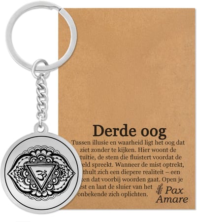 Derde Oog Chakra (Ajna) Sleutelhanger op Cadeau Kaartje - Zilverkleurig Talisman - Roestvrij Staal - Spiritueel Cadeau - Pax Amare
