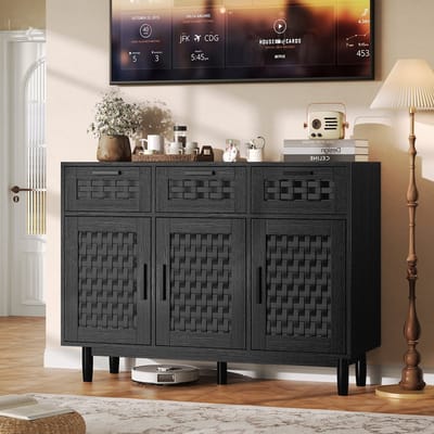 Dressoir Zwart met Gevlochten Deuren – 3 Lades & 3 Deuren – 108x40x80 cm – Opbergkast voor Woonkamer & Hal
