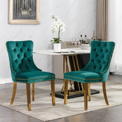Eetkamerstoel - Set van 2 - Velvet - Eetkamerstoelen - Eettafelstoel - Keukenstoel - Modern Design - Groen, goudkleurig