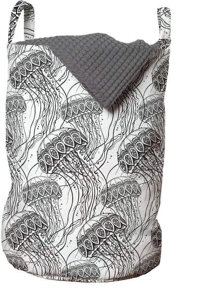 ABAKUHAUS Kwalwaszak, Zentangle oceaanwezen, wasmand met handvatten, trekkoord voor wasserettes, houtskoolgrijs en wit