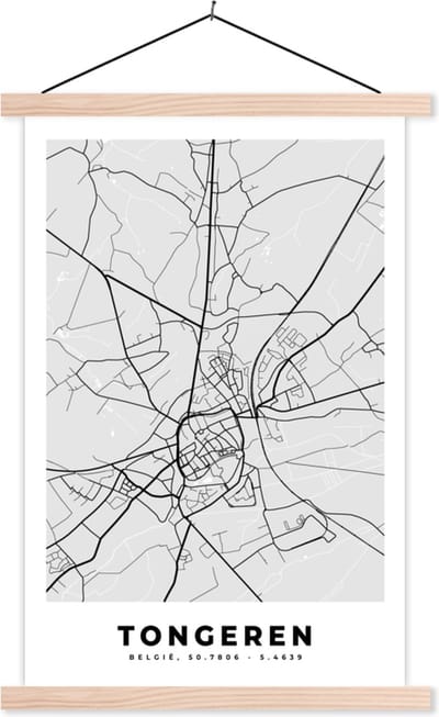 Posterhanger incl. Poster 40x60 cm - Schoolplaat - België – Tongeren – Stadskaart – Kaart – Zwart Wit – Plattegrond - Textielposter - Blanke latten - Stadskaart