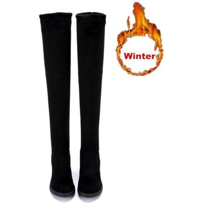 Winter Over de Knie Laarzen Vrouwen Stretch Stof Dijhoog Sexy Vrouw Platte Schoenen Lange Bota Feminina 39