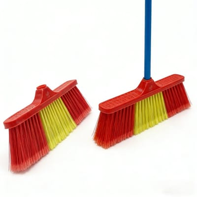 Clean bezem met Lange Steel - 134x32 cm - Professionele Kamerbezem voor Parket, Laminaat & PVC - Anti-Statische Vloerveger - Verwijdert Dierenharen & Stof - Ergonomische Huisbezem - Krasvrije Vloerborstel voor Woonkamer & Keuken - Rood/Blauw