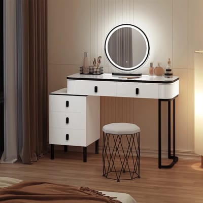 DHN Kaptafel Met Led Verlichting Spiegel en Kruk - Make-up tafel met lef spiegel - Make-Up Tafel Wit met Zwart