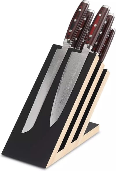 Yaxell Super Gou Messenset – 7-delig – Magnetisch Beukenhouten Messenblok met 6 Messen – 161 Lagen Damaststaal – SG2 Staal – 63 HRC – Canvas-Micarta Heft