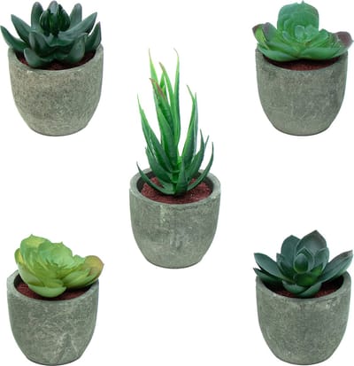 Intirilife kunstplant 5 stuks kleine kunstplanten in grijze pot - diameter 6,5 cm - hoogte 7 cm en 15 cm - potplanten kunstplanten decoratie voor woonkamer keuken slaapkamer