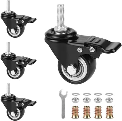 4 Stuks Meubelwielen met Rem M8×20mm, 40mm Draaibare Wielen voor Meubels, Zwenkwielen met Rem, Draagvermogen 50kg per Wiel
