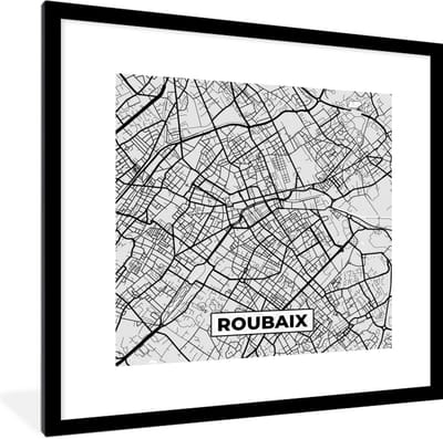 Fotolijst incl. Poster - Plattegrond - Roubaix - Stadskaart - Kaart - Frankrijk - 40x40 cm - Posterlijst