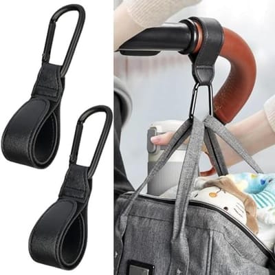 Praktische en duurzame buggy clips voor het bevestigen van tassen, ideaal voor wandelwagens en kinderwagens, zwart leer