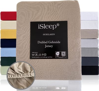 iSleep Dubbel Gebreide Jersey Hoeslaken - Hoge Hoek - Rondom Elastiek - Eenpersoons - 80/90x200 cm - Taupe