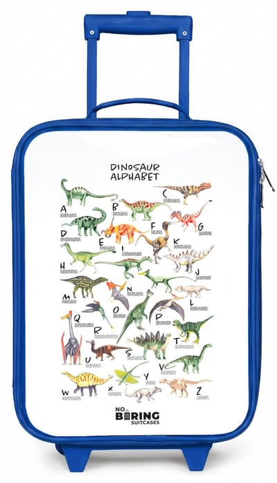 NoBoringSuitcases.com® - Kinderkoffer blauw - Kindertrolley jongen - Alfabet van dino's - Koffer kind lichtgewicht - Reiskoffer trolley voor kinderen - Koffertje met lichtgevende wieltjes - Rolkoffer