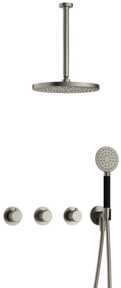 Hotbath Cobber X IBSX70 inbouw regendoucheset met ronde handdouche aan houder en 30cm ronde hoofddouche aan 30cm plafondarm geborsteld nikkel