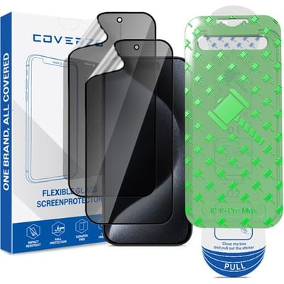 Coverzs Flexibel PMMA Glass Privacy Screenprotector met frame (2-pack) geschikt voor iPhone 15 Pro Max – Privacy Glas – Flexibel Glas – Beschermfolie met Montageframe – Krasbestendige Schermbescherming