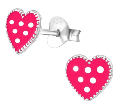 Joy|S - Zilveren hartje oorbellen - 6 mm - roze oorknoppen met witte stipjes
