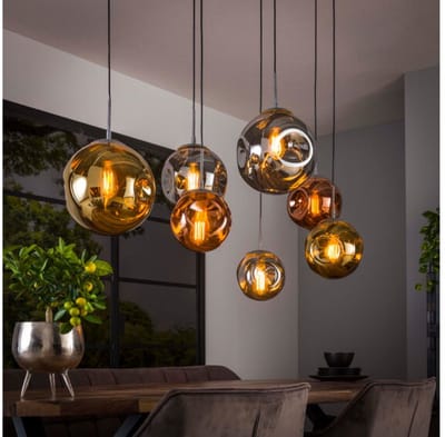 Hanglamp van 7 Lampen - Stellar - Goud - Koper en Chroom - Metaal - Glas - Woonkamer - Keuken - Hanglamp In Hoogte Verstelbaar tot 150 cm - Exclusief Lichtbron - Voedingstype Netstroom