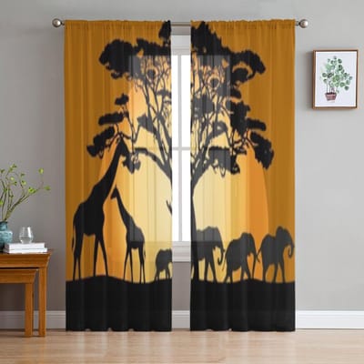 Landschap Dieren Olifant Giraf Boom Chiffon Doorzichtige Gordijnen voor Woonkamer Slaapkamer Raambekleding Voiles Tule Cortinas 135W x 114H(cm) black