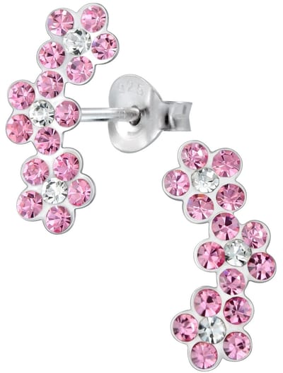 Joy|S - Zilveren bloem oorbellen - roze kristal - triple flower