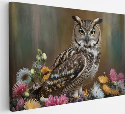 Saammp Canvas Schilderij - Uil tussen kleurrijke bloemen - Dieren - 30x20 - Foto op canvas - Wanddecoratie - muurdecoratie Woonkamer - Slaapkamer decoratie - Canvas Print