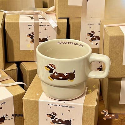 Mignon chiot teckel tasse empilée boîte cadeau céramique ceinture à offrir tasse dessin animé cadeau petit déjeuner aux gens 201-300ml beige