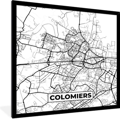 Fotolijst incl. Poster Zwart Wit- Colomiers - Stadskaart - Plattegrond - Kaart - Frankrijk - Zwart wit - 40x40 cm - Posterlijst