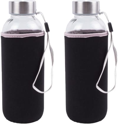 Benson Drinkfles/waterfles - 2x - 420 ml - zwart - glas - met hoes - 6 x 19 cm